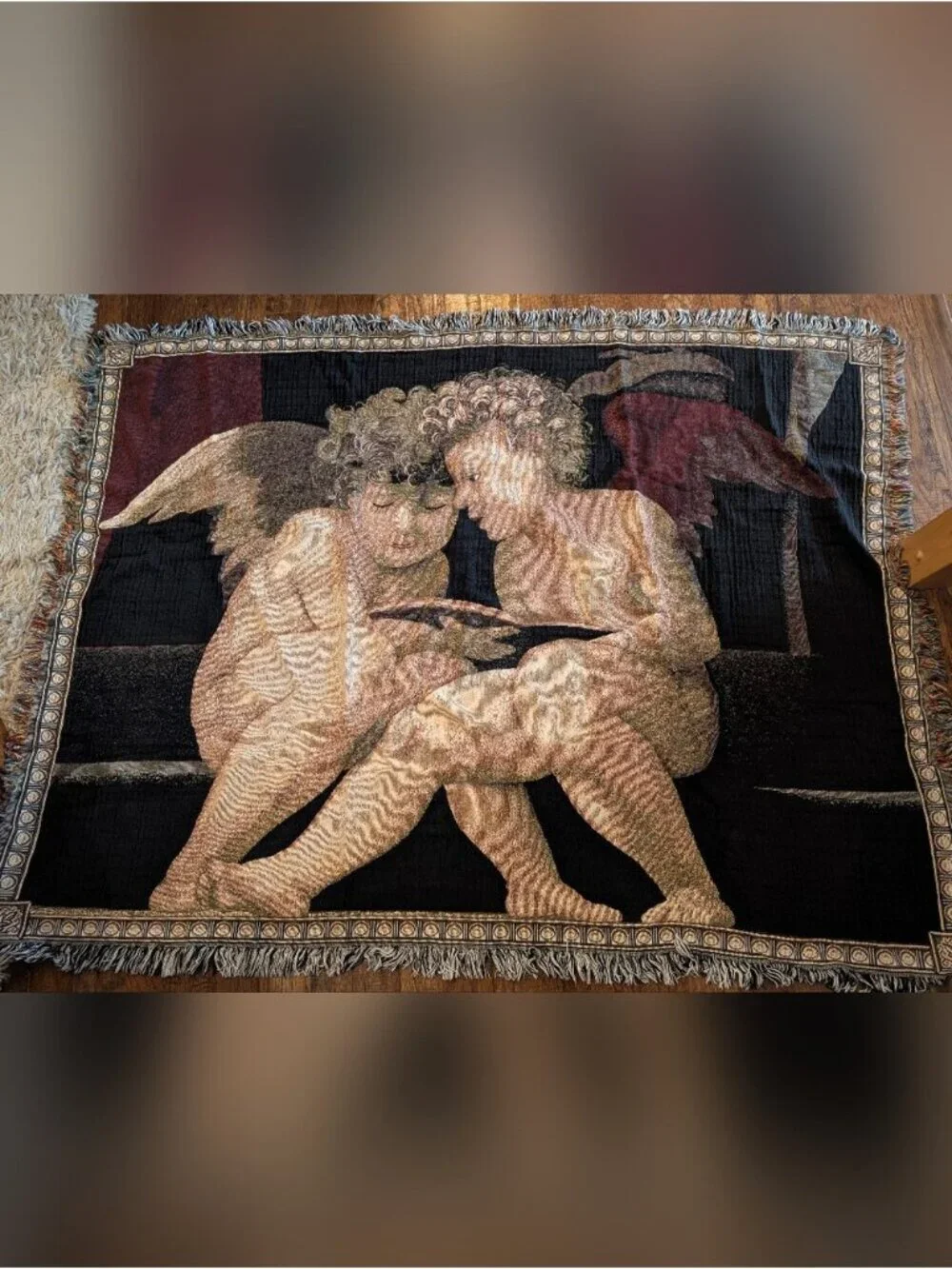 Chatam Vintage Tapestry Throw Cherub Angels Rosso Fiorentino artist 100% Cotton